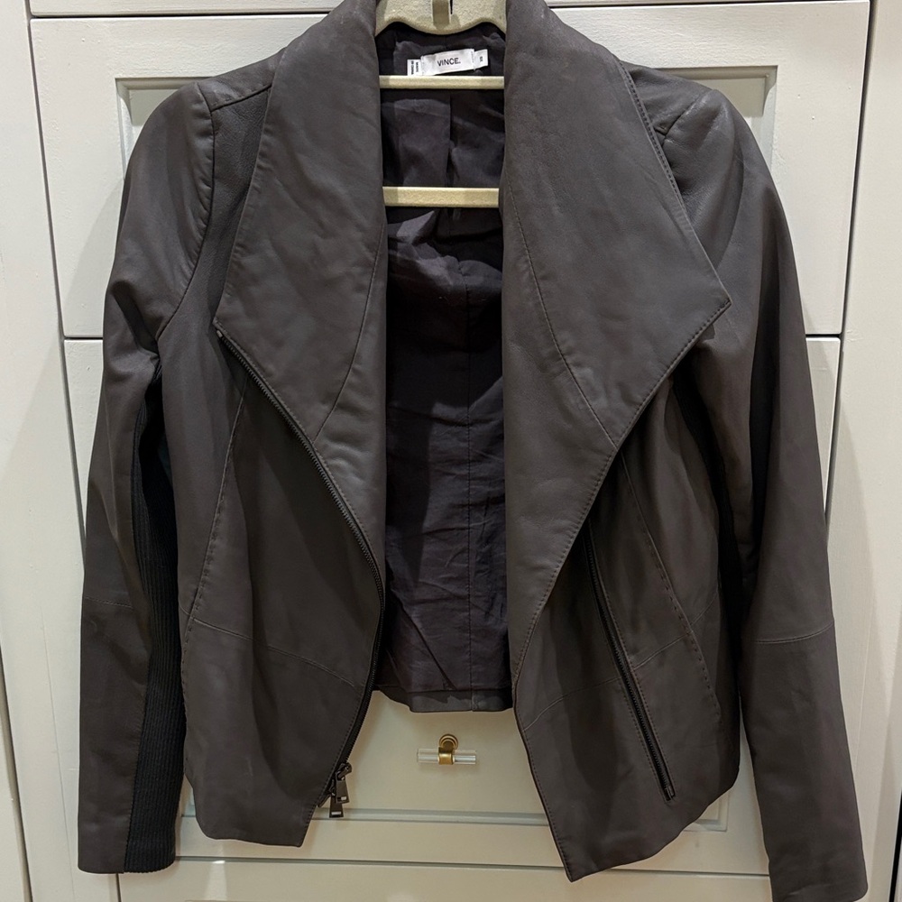 Vince Women's Grey Leather Drape Front Jacket